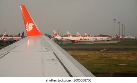 Tangerang, Indonesia - May 22, 2021: View Of Soekarno Hatta Airport That Seen From The Lion Air Plane Window.