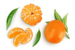 Tangerine Or Clementine With Green Leaf Isolated On White Background With Full Depth Of Field. Top View. Flat Lay