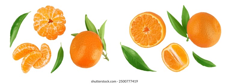 Tangerine or clementine with green leaf isolated on white background with full depth of field. Top view. Flat lay