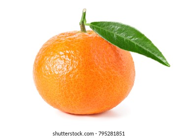 Tangerine or clementine with green leaf isolated on white background