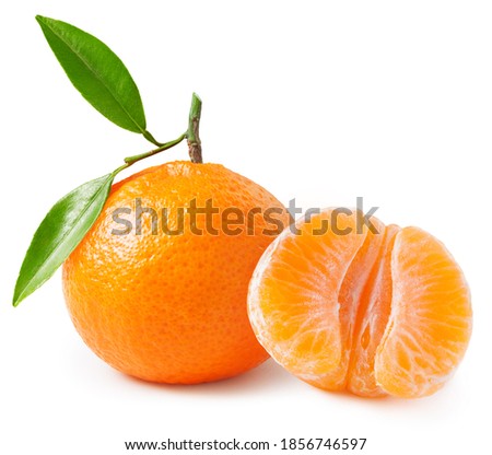 Tangerine or clementine with green leaf isolated on white background. Package design element