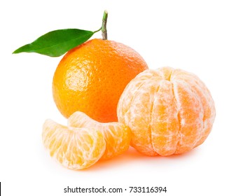 Tangerine or clementine with green leaf and slices isolated on white background