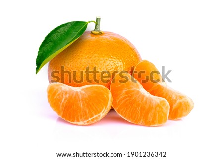Tangerine or clementine orange fruit with green leaf isolated on white background. 
