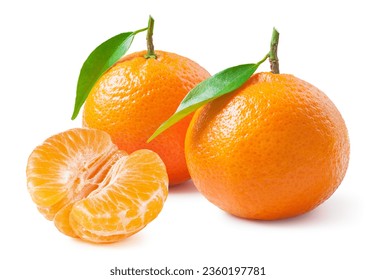Tangerines or clementines with green leaf on white. Half of a peeled tangerine