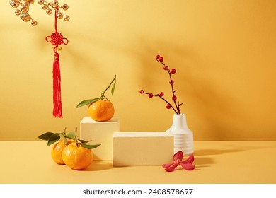 Tangerines, two wooden platforms, a flower vase and Tet decorations are displayed on a yellow background. Ideal space for displaying products during Tet. - Powered by Shutterstock