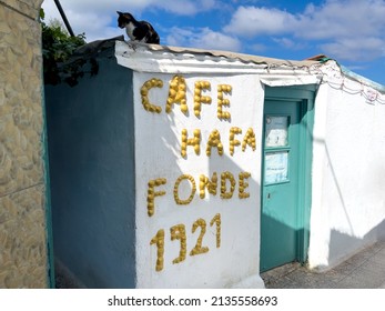 Tangier, Morocco - March 05, 2022;  Entrance Of Hafa Cafe In Tangier