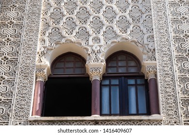 TANGIER, MOROCCO - MAY 12,2019  Two Window In Moroccan Palace With Typical Muslim Decoration 