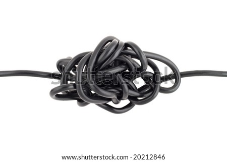 Tangled cable isolated on white illustrating concepts of complex problem, obstacle, stress