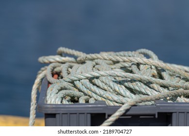 A Tangled Cluster Of Green And Pink Fishing Rope Pilled Up On A Wharf. The Rope Is Worn And Textured From Being Exposed To The Weather. It Looks Dirty With Grease Or Oil Stains. The Rope Is Braided.