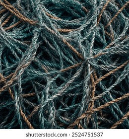 A tangled fishing net, knotted and twisted, traps sea life and debris. Its intricate mess symbolizes both human activity and environmental harm. - Powered by Shutterstock