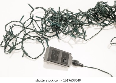 Tangled LED Christmas Lights Over White Background