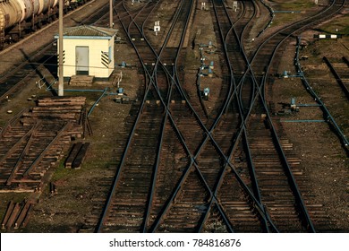 A lot of tangled rail rails, top view. Sort Facility.