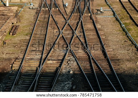 A lot of tangled rail rails, top view. Sort Facility.