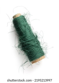 Tangled Spool Of Sewing Thread, Isolated On White Background, Taken Straight From Above