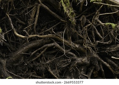 Tangled tree roots intertwining and spreading across dark soil, exposed in forest setting, showcasing complex natural patterns and textures with moss and organic debris visible