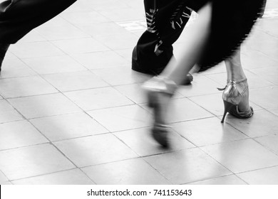 Tango Dancers' Feet Move Across The Dance Floor, Buenos Aires, Argentina (black And White)