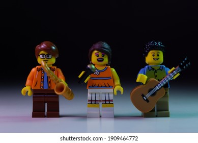 Tangsel, Indonesia - Februari 3, 2021: Trio musician happy to perform. Lego minifigure are made by The LEGO Group.  - Shutterstock ID 1909464772