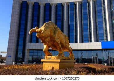 Tangshan City - January 28, 2018: Tangshan Financial Center Taurus Sculpture, Tangshan City, Hebei, China.

