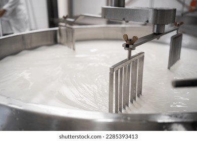 Tank full of milk in a cheese factory. Parmesan cheese production in Italy. The concept of modern production of high-quality food concept - Shutterstock ID 2285393413