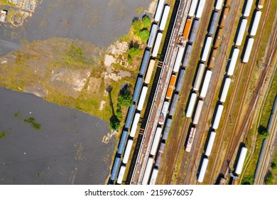 Tank Wagons On A Railroad. Fuel Transport From Above.