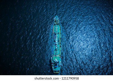 Tanker Oil And Gas Technology Shipments Business Open Sea Transportation  Import Export Asia Pacific  From Thailand Aerial Top View At Night Time