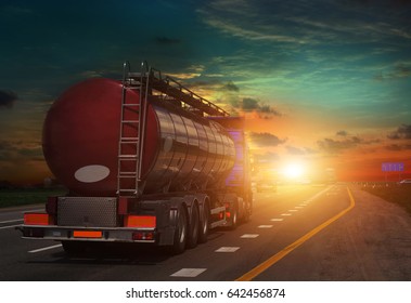 tanker on the big highway, at sunset on the road Working visit .