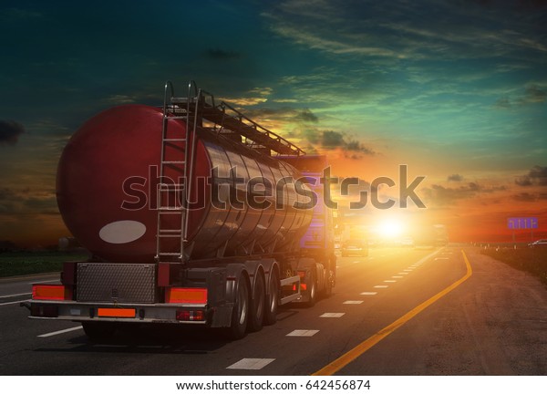 tanker on the big highway, at sunset on the road\
Working visit .