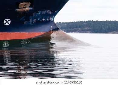 Tanker Ship Creates Bow Wave As It Leaves Turku Heading Into The Baltic Sea, In Archipelago National Park (Skärgårdshavet Nationalpark), Finland