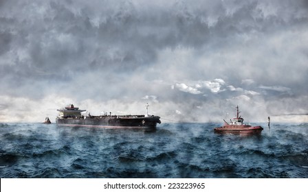 Tanker Ship At Sea During A Storm.