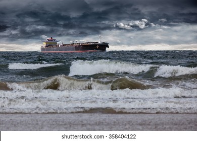 Tanker Ship At Sea During A Storm.