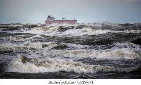 Tanker Ship At Sea During A Storm.