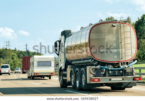 Tanker storage vessel on the road in Canton\
Geneva of Switzerland.