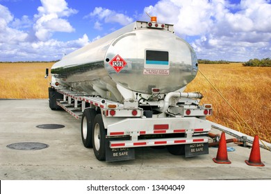 Tanker Truck Fueling An Underground Storage Tank [isolated, Names Removed].