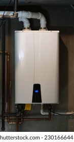 Tankless water heater installed in a home for energy efficiency.                               