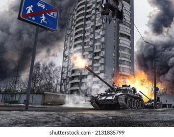 Tanks fire in the city battle. Damaged building rubbles, explosions, and smoke in the city streets now are a battlefield. War in the Ukraine urban residential area. No playground for kids sign concept