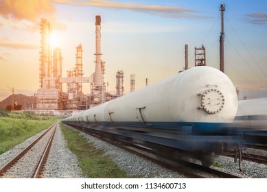 Tanks With Gas Being Transported By Rail At Industrial Petrochemical Plant.