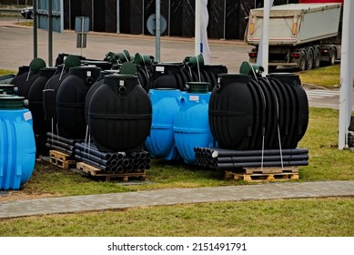 Tanks (huge Barrels) Made Of Plastic, Which Are Elements Of Home Sewage Treatment Plants. 