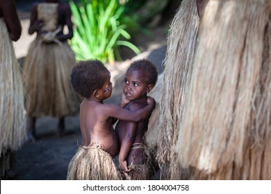 Tanna Island, Vanuatu - 06.10.2019: Local Melanesian Children In Traditional Clothes