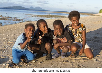 Tanna, Republic Of Vanuatu, July 17th, 2014, Happy Indigenous Children On The Beach At Sunset, EDITORIAL