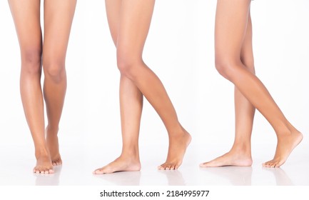 Tanned Skin Woman Show Legs Knee Bare Foots Toe, Walking Forward Side, White Background Isolated. Beautiful Leg Foot Talents Stand Bare Foot Palm