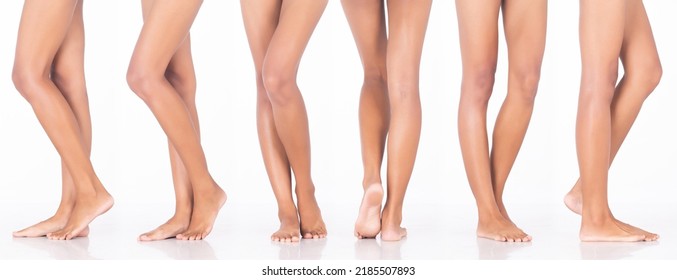 Tanned skin Woman show legs knee bare foots toe, 360 front side rear view, white background isolated. Beautiful leg foot talents stand bare foot palm - Powered by Shutterstock