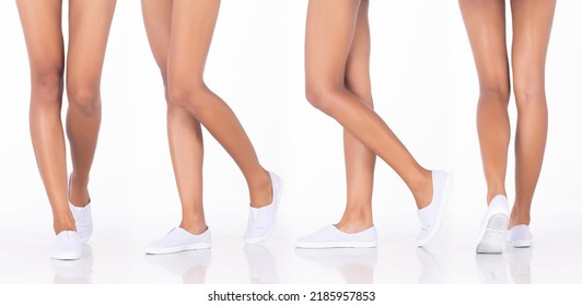 Tanned Skin Woman Show Legs Knee Foots Sneaker, Walking Forward Side, White Background Isolated. Beautiful Leg Foot Talents Stand Profile Collage View