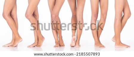 Tanned skin Woman show legs knee bare foots toe, 360 front side rear view, white background isolated. Beautiful leg foot talents stand bare foot palm