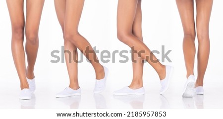 Tanned skin Woman show legs knee foots sneaker, walking forward side, white background isolated. Beautiful leg foot talents stand profile collage view