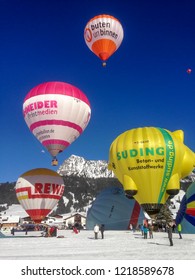 Tannheim, Tyrol, Austria, 02/12/2017, famous Hot air balloon riding competition takes place in Tannheim, Tannheim Valley with atound 70 Balloons trying to cross the mountains