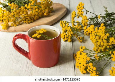  Tansy is a medicinal herb used in folk medicine.Infusion of tansy in a red glass.