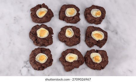 A tantalizing close-up shot captures a stack of intensely dark chocolate cookies, rich with cocoa flavor and flecked with chocolate chips. These decadent, homemade treats are set against a bright