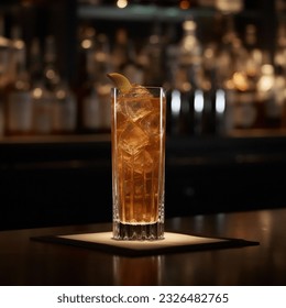 A tantalizing Long Island cocktail is captured in a glass, set against a wooden bar top