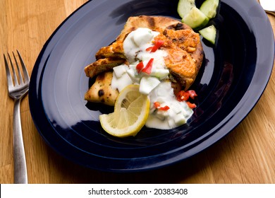 A Tantalizing Salmon Tikka With Fresh Raita Cucumber Yogurt