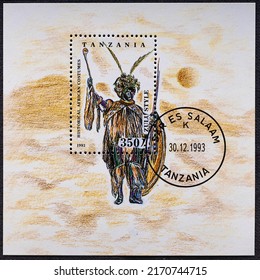 TANZANIA - CIRCA 1993: a postage stamp from TANZANIA, showing a man in a Historical African Costume Zulu style .
